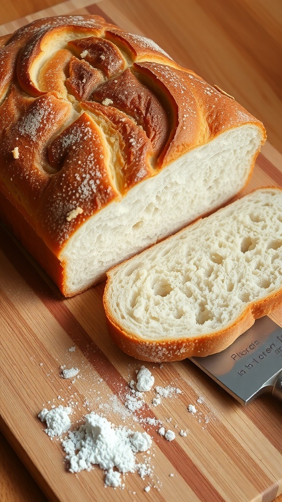 Freshly baked bread loaf on a cutting board with slices showing soft interior.